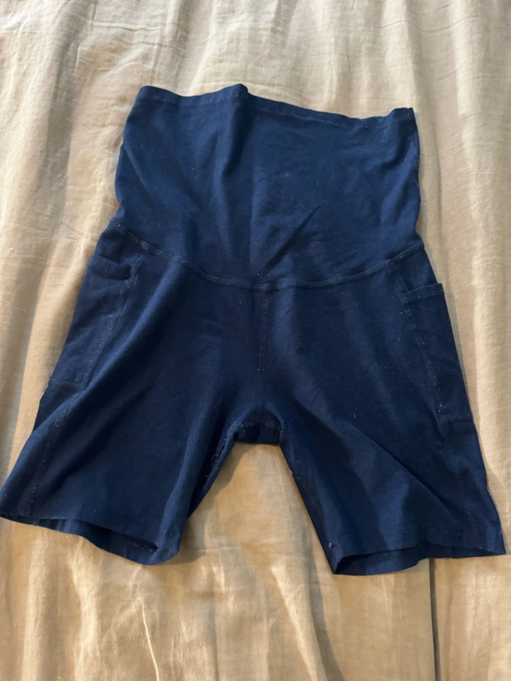 Beyond Yoga “Beyond the Bump” Navy Maternity Bike Shorts with Pockets